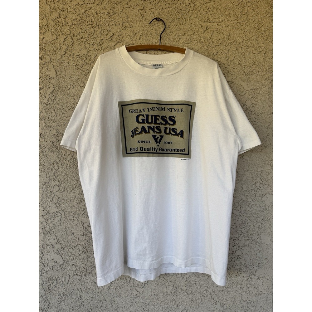Vintage 90s Guess Jeans Denim Promo Spell Out Graphic T-Shirt XL USA Made